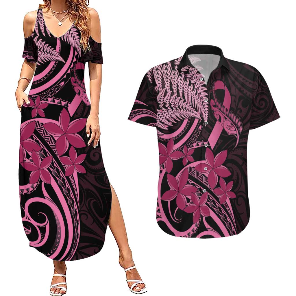 Aotearoa Maori Couples Matching Summer Maxi Dress and Hawaiian Shirt Pink Fern Ribbons on Black - Polynesian Pride