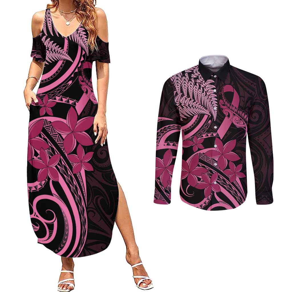 Aotearoa Maori Couples Matching Summer Maxi Dress and Long Sleeve Button Shirt Pink Fern Ribbons on Black - Polynesian Pride