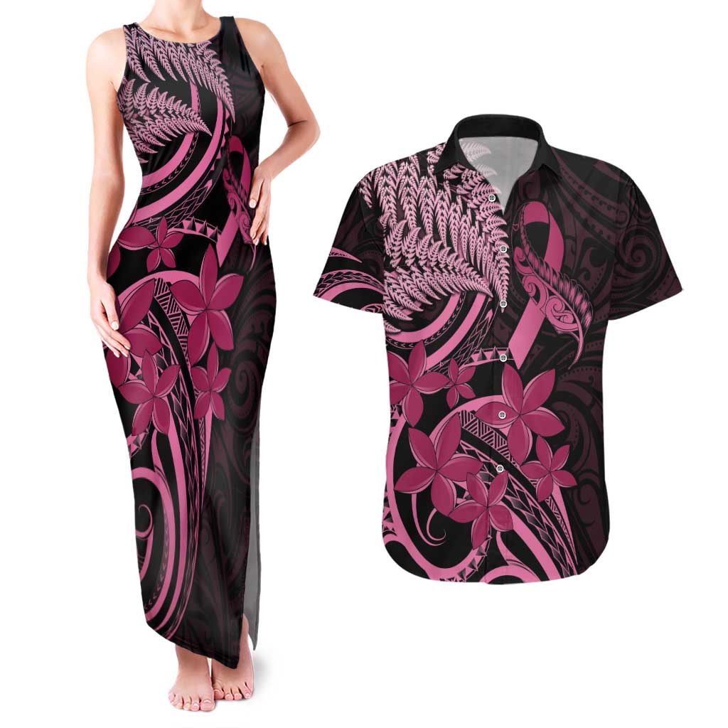 Aotearoa Maori Couples Matching Tank Maxi Dress and Hawaiian Shirt Pink Fern Ribbons on Black - Polynesian Pride