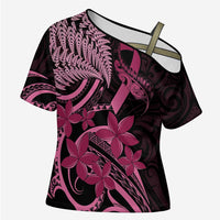 Aotearoa Maori Cross Shoulder Shirt Pink Fern Ribbons on Black LT7 Female Black - Polynesian Pride