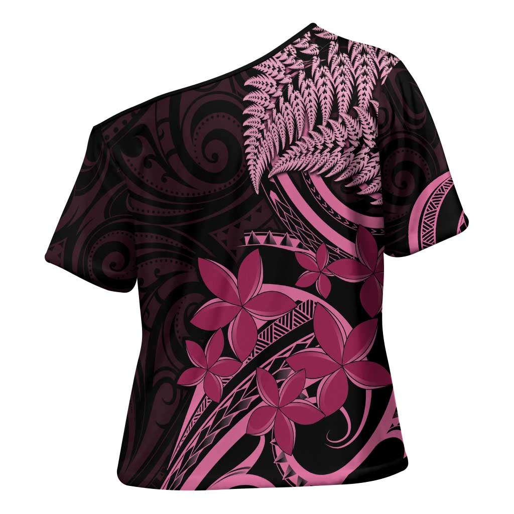 Aotearoa Maori Cross Shoulder Shirt Pink Fern Ribbons on Black LT7 - Polynesian Pride