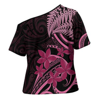 Aotearoa Maori Cross Shoulder Shirt Pink Fern Ribbons on Black LT7 - Polynesian Pride