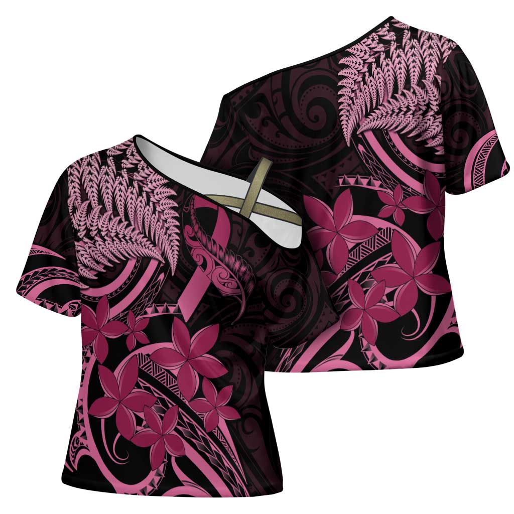 Aotearoa Maori Cross Shoulder Shirt Pink Fern Ribbons on Black LT7 - Polynesian Pride