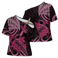 Aotearoa Maori Cross Shoulder Shirt Pink Fern Ribbons on Black LT7 - Polynesian Pride