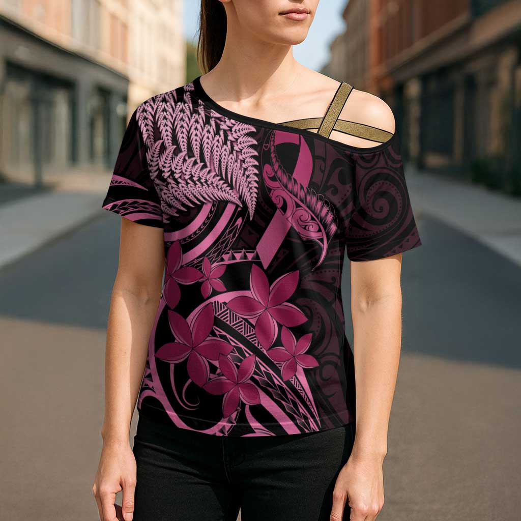 Aotearoa Maori Cross Shoulder Shirt Pink Fern Ribbons on Black LT7 - Polynesian Pride