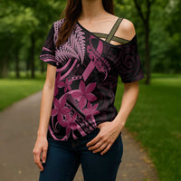 Aotearoa Maori Cross Shoulder Shirt Pink Fern Ribbons on Black LT7 - Polynesian Pride
