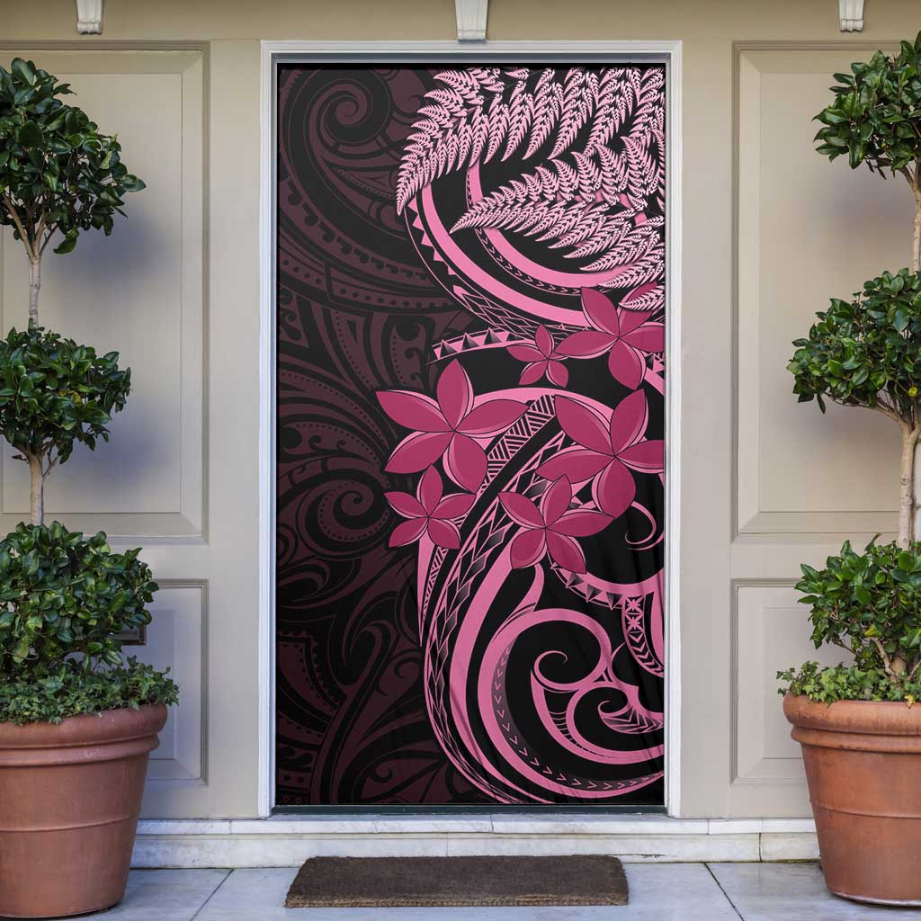Aotearoa Maori Door Cover Pink Fern Ribbons on Black - Polynesian Pride