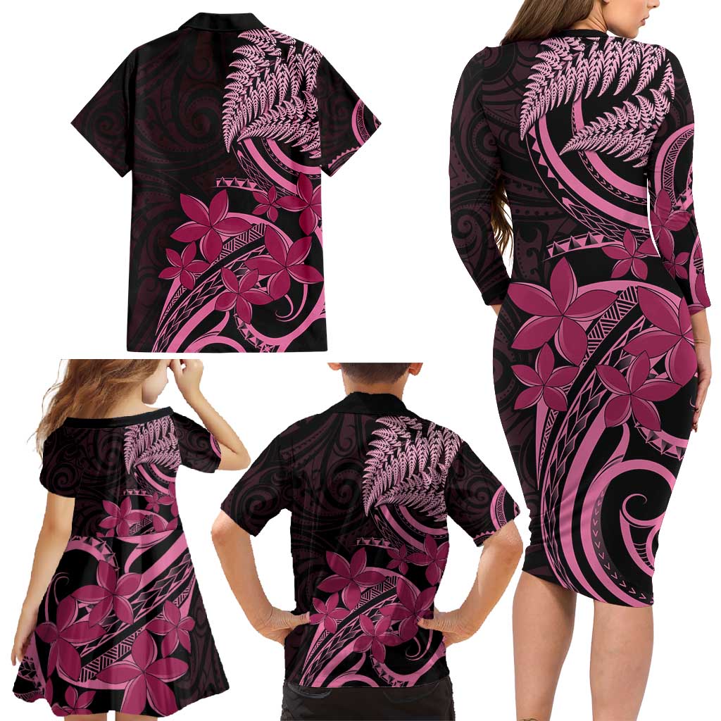 Aotearoa Maori Family Matching Long Sleeve Bodycon Dress and Hawaiian Shirt Pink Fern Ribbons on Black - Polynesian Pride