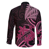 Aotearoa Maori Family Matching Off The Shoulder Long Sleeve Dress and Hawaiian Shirt Pink Fern Ribbons on Black LT7 - Polynesian Pride