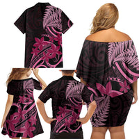 Aotearoa Maori Family Matching Off Shoulder Short Dress and Hawaiian Shirt Pink Fern Ribbons on Black - Polynesian Pride
