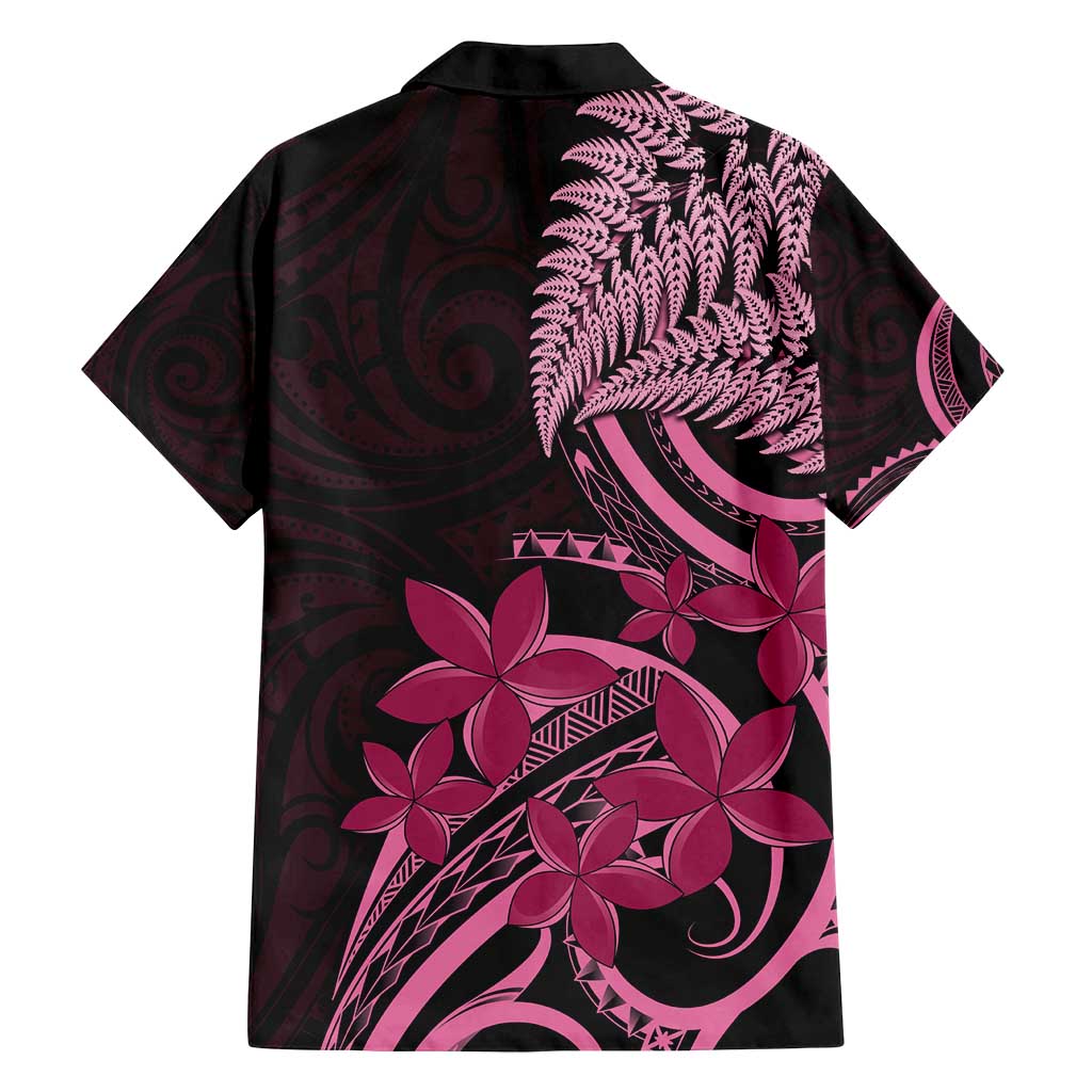 Aotearoa Maori Family Matching Off Shoulder Short Dress and Hawaiian Shirt Pink Fern Ribbons on Black - Polynesian Pride