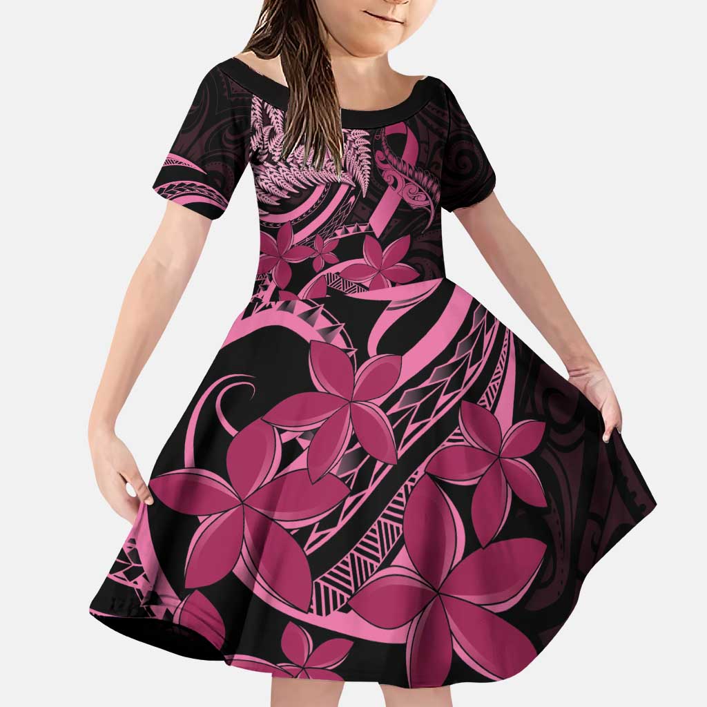 Aotearoa Maori Family Matching Puletasi and Hawaiian Shirt Pink Fern Ribbons on Black LT7 Daughter's Dress Black - Polynesian Pride