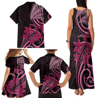 Aotearoa Maori Family Matching Tank Maxi Dress and Hawaiian Shirt Pink Fern Ribbons on Black - Polynesian Pride
