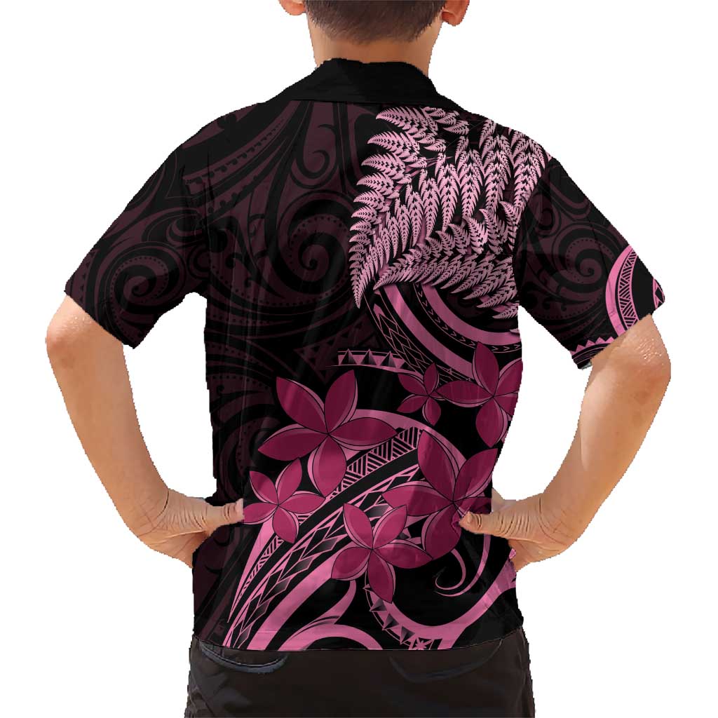 Aotearoa Maori Kid Hawaiian Shirt Pink Fern Ribbons on Black LT7 - Polynesian Pride