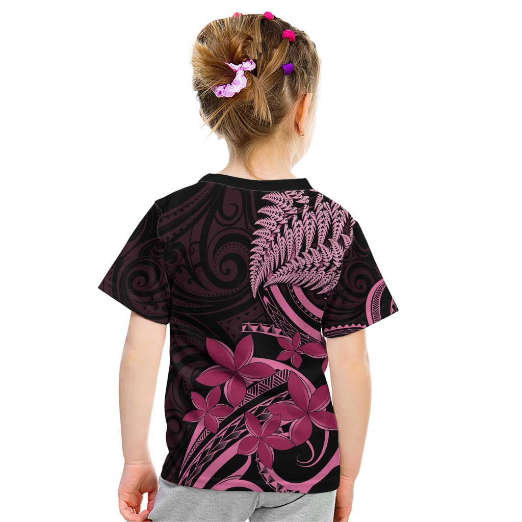 Aotearoa Maori Kid T Shirt Pink Fern Ribbons on Black LT7 - Polynesian Pride