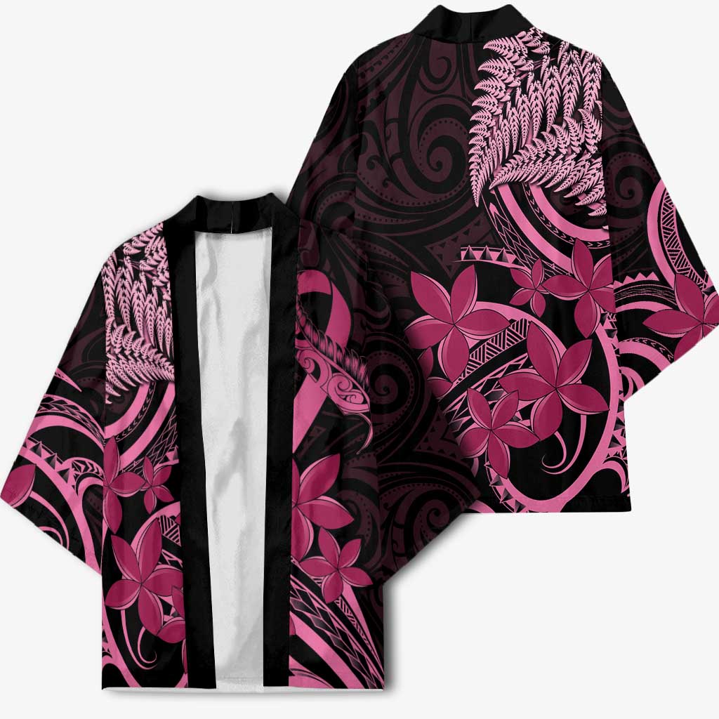 Aotearoa Maori Kimono Pink Fern Ribbons on Black - Polynesian Pride