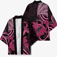 Aotearoa Maori Kimono Pink Fern Ribbons on Black - Polynesian Pride