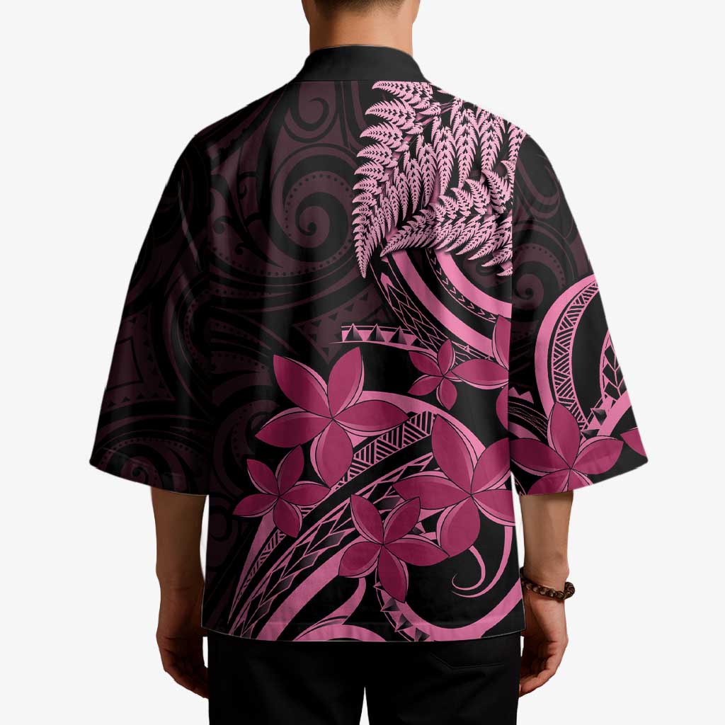 Aotearoa Maori Kimono Pink Fern Ribbons on Black - Polynesian Pride