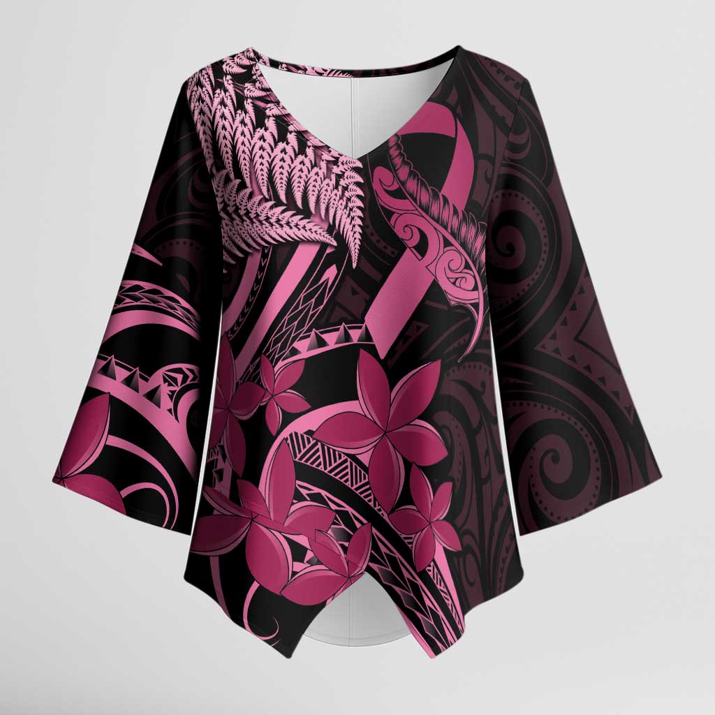 Aotearoa Maori Kimono Sleeve Blouse Pink Fern Ribbons on Black - Polynesian Pride