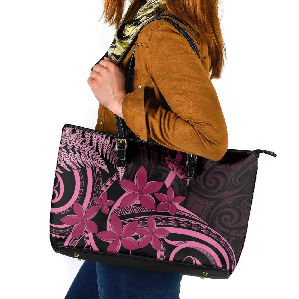 Aotearoa Maori Leather Tote Bag Pink Fern Ribbons on Black LT7 Black - Polynesian Pride