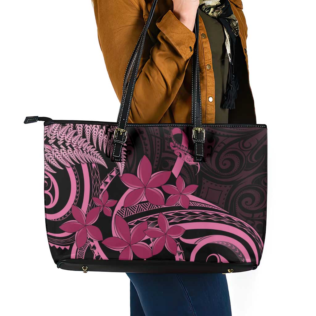 Aotearoa Maori Leather Tote Bag Pink Fern Ribbons on Black LT7 - Polynesian Pride
