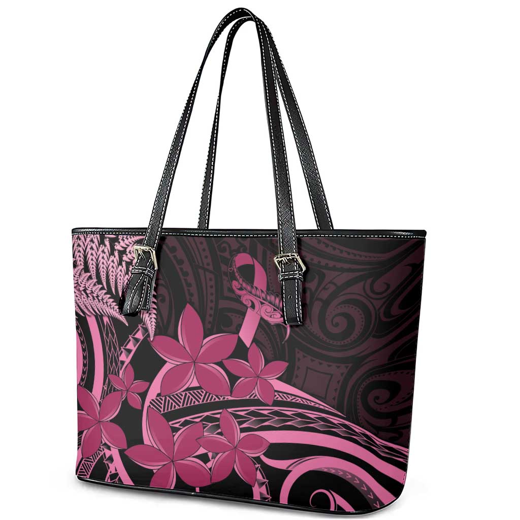 Aotearoa Maori Leather Tote Bag Pink Fern Ribbons on Black LT7 - Polynesian Pride