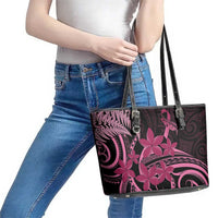 Aotearoa Maori Leather Tote Bag Pink Fern Ribbons on Black LT7 - Polynesian Pride