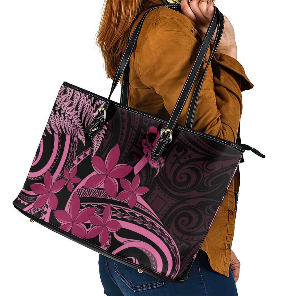 Aotearoa Maori Leather Tote Bag Pink Fern Ribbons on Black LT7 - Polynesian Pride