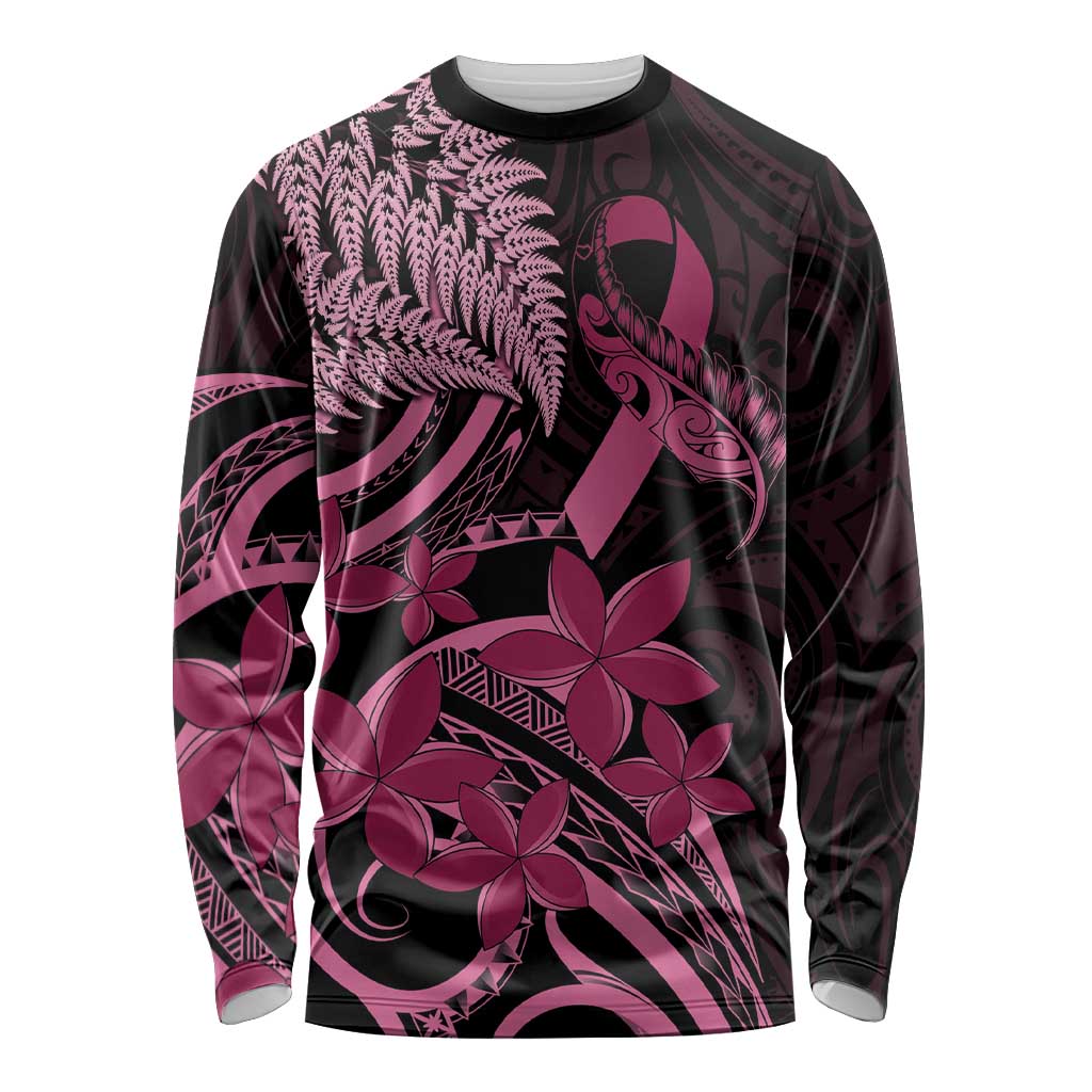Aotearoa Maori Long Sleeve Shirt Pink Fern Ribbons on Black - Polynesian Pride