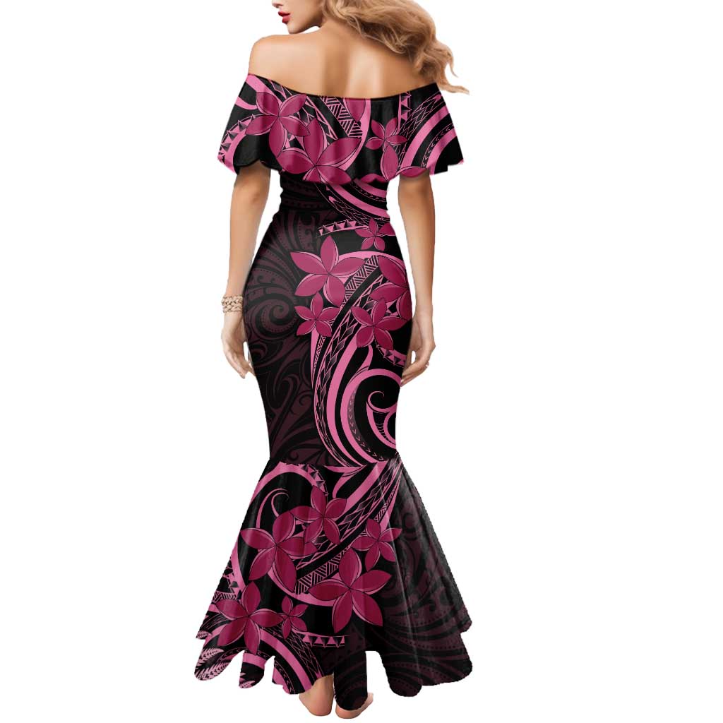 Aotearoa Maori Mermaid Dress Pink Fern Ribbons on Black - Polynesian Pride