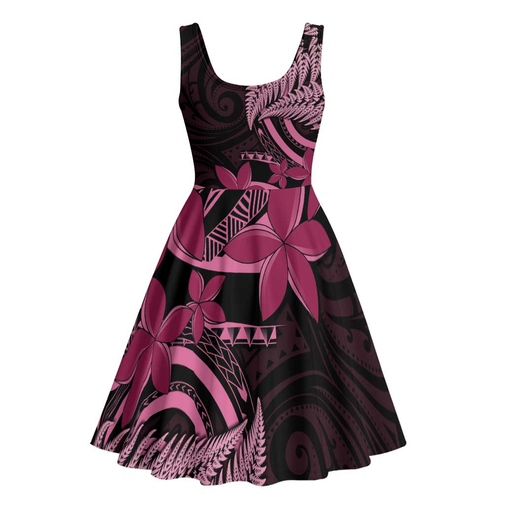 Aotearoa Maori Midi Dress Pink Fern Ribbons on Black - Polynesian Pride