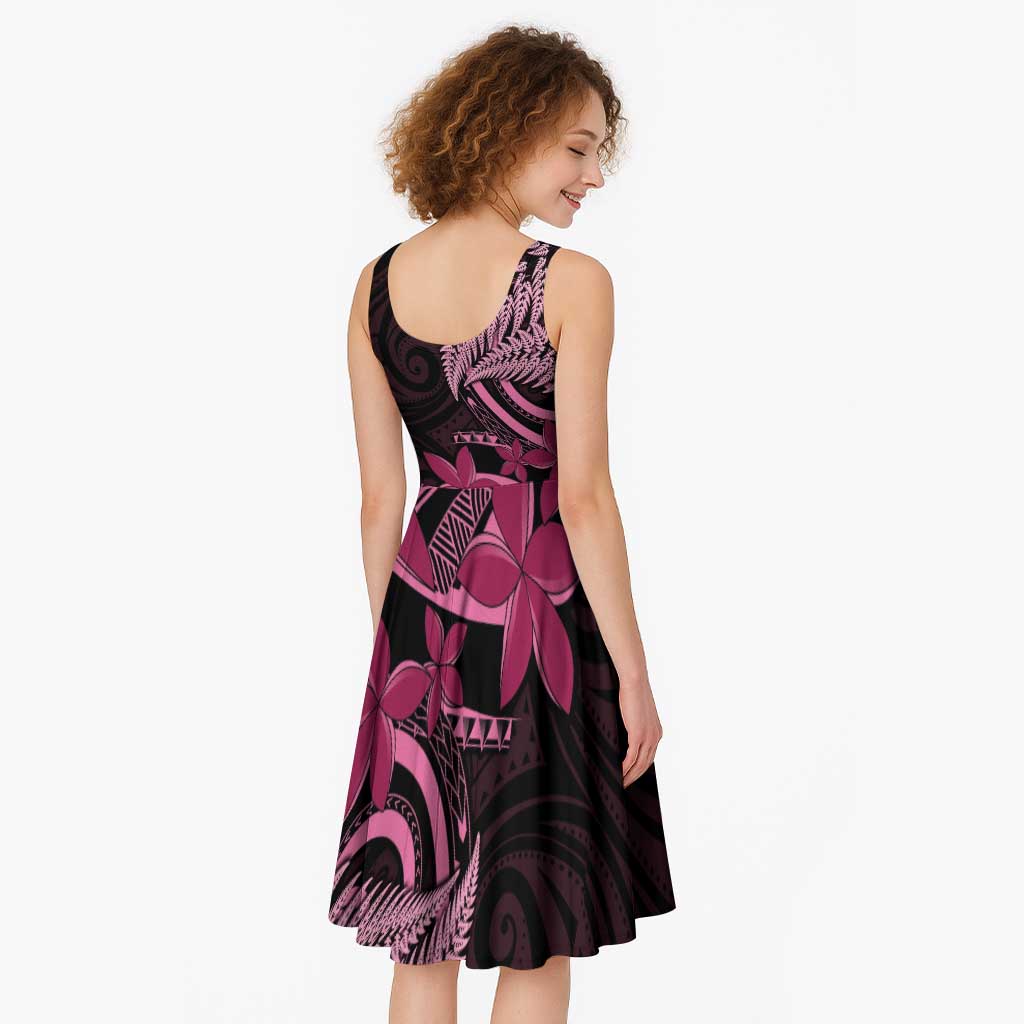 Aotearoa Maori Midi Dress Pink Fern Ribbons on Black - Polynesian Pride