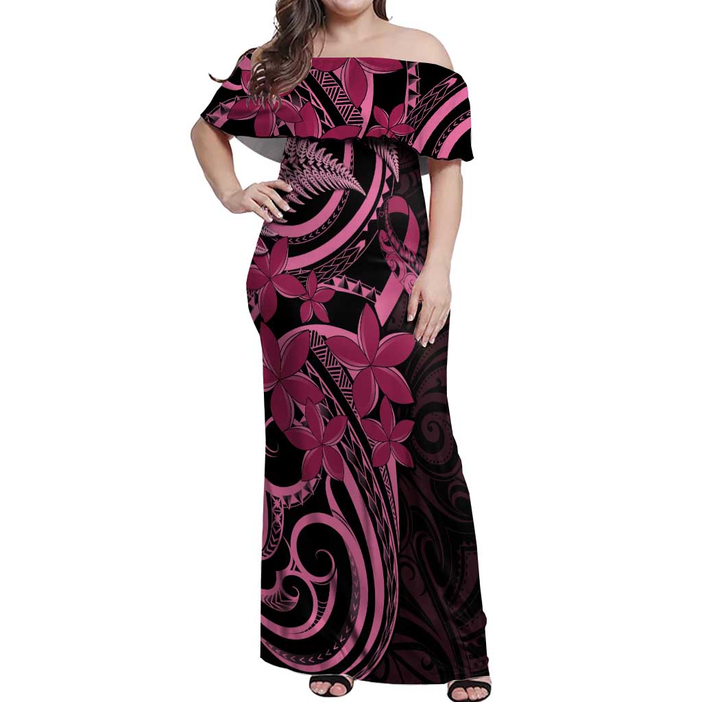 Aotearoa Maori Off Shoulder Maxi Dress Pink Fern Ribbons on Black - Polynesian Pride