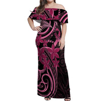 Aotearoa Maori Off Shoulder Maxi Dress Pink Fern Ribbons on Black - Polynesian Pride