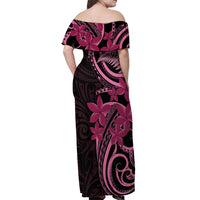 Aotearoa Maori Off Shoulder Maxi Dress Pink Fern Ribbons on Black - Polynesian Pride