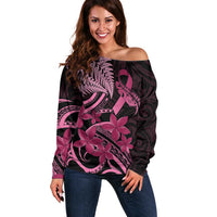 Aotearoa Maori Off Shoulder Sweater Pink Fern Ribbons on Black - Polynesian Pride
