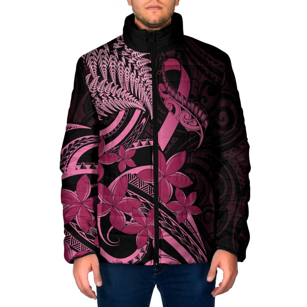 Aotearoa Maori Padded Jacket Pink Fern Ribbons on Black - Polynesian Pride