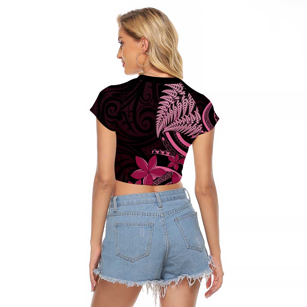 Aotearoa Maori Raglan Cropped T Shirt Pink Fern Ribbons on Black LT7 - Polynesian Pride