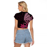 Aotearoa Maori Raglan Cropped T Shirt Pink Fern Ribbons on Black LT7 - Polynesian Pride