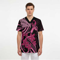 Aotearoa Maori Scrub Top Pink Fern Ribbons on Black - Polynesian Pride