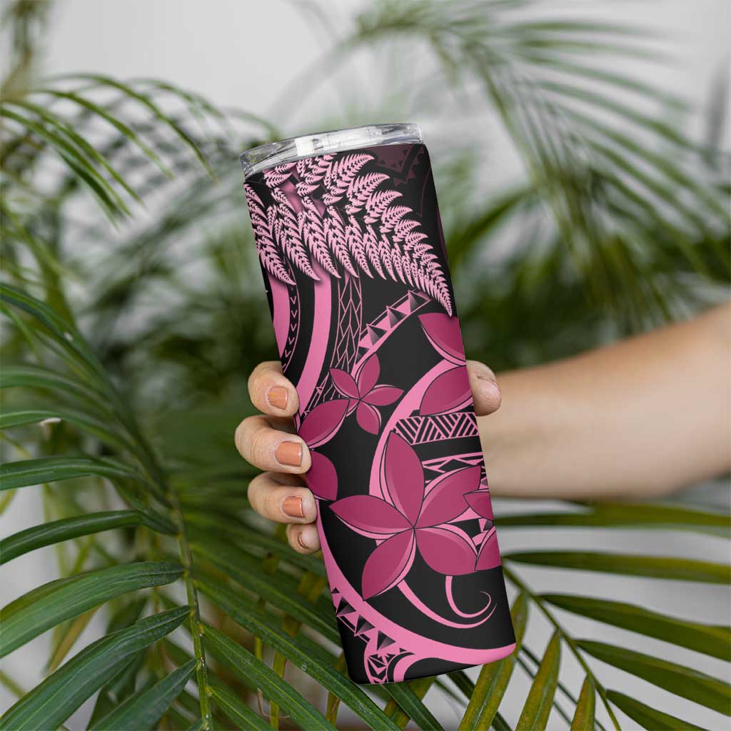 Aotearoa Maori Skinny Tumbler Pink Fern Ribbons on Black - Polynesian Pride