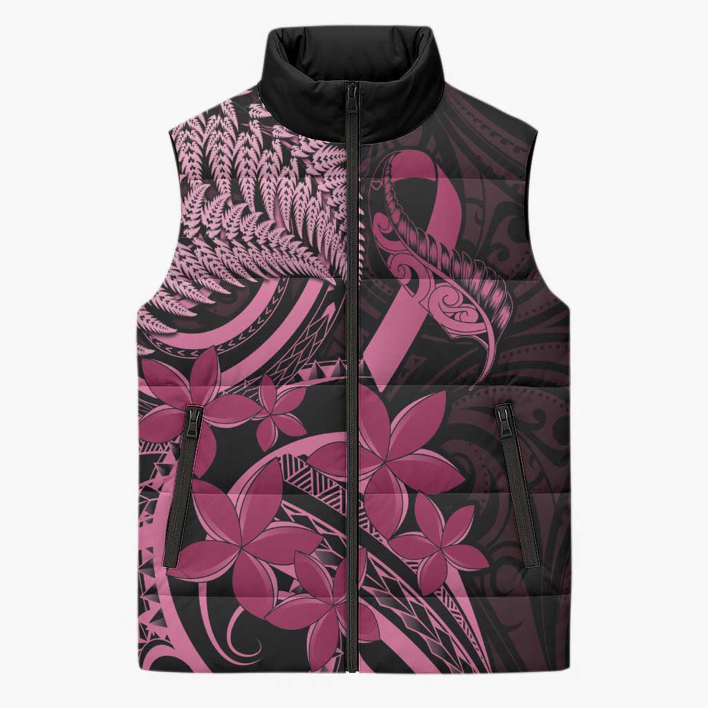 Aotearoa Maori Sleeveless Puffer Jacket Pink Fern Ribbons on Black - Polynesian Pride