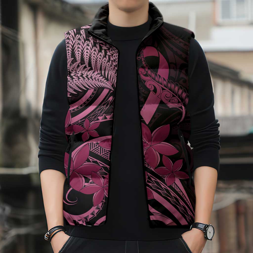 Aotearoa Maori Sleeveless Puffer Jacket Pink Fern Ribbons on Black - Polynesian Pride