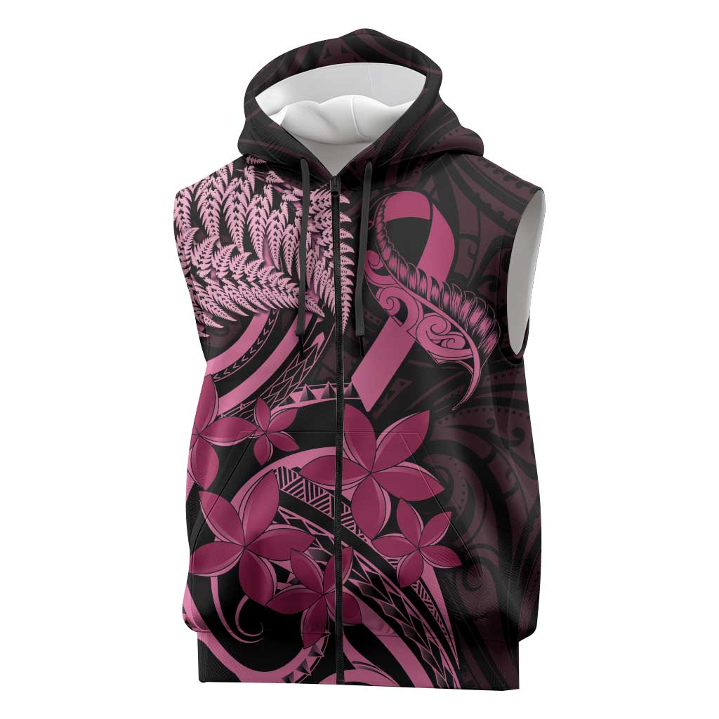 Aotearoa Maori Sleeveless Zip Hoodie Pink Fern Ribbons on Black LT7 Black - Polynesian Pride