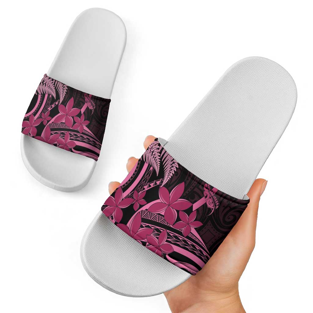 Aotearoa Maori Slide Sandals Pink Fern Ribbons on Black - Polynesian Pride