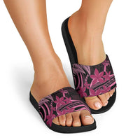Aotearoa Maori Slide Sandals Pink Fern Ribbons on Black - Polynesian Pride