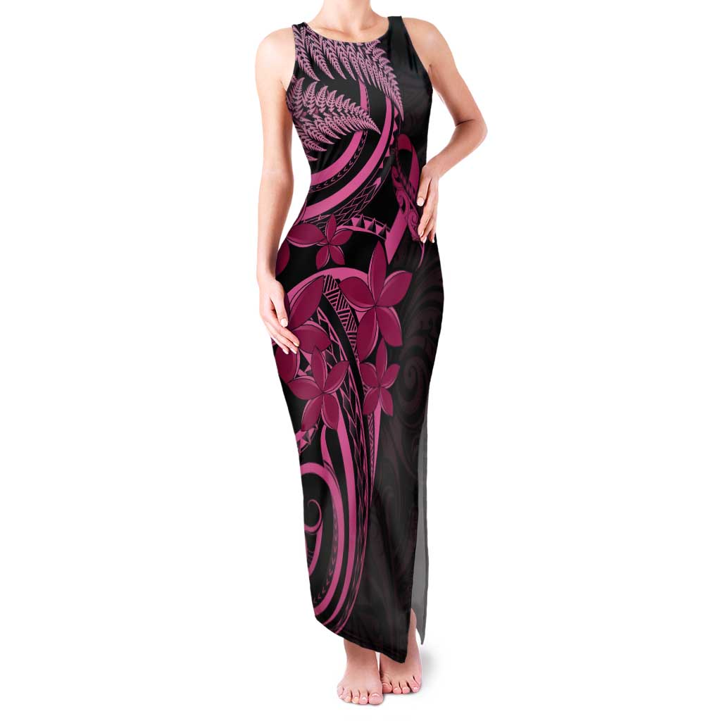 Aotearoa Maori Tank Maxi Dress Pink Fern Ribbons on Black - Polynesian Pride