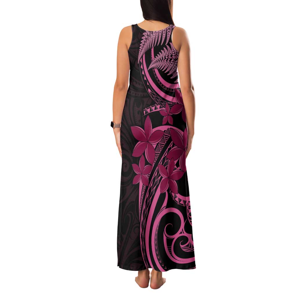 Aotearoa Maori Tank Maxi Dress Pink Fern Ribbons on Black - Polynesian Pride