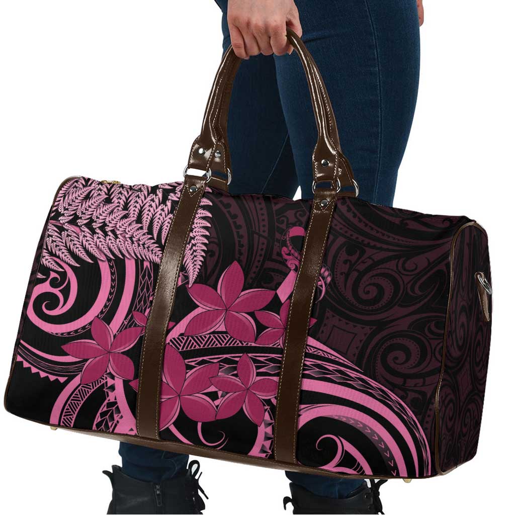 Aotearoa Maori Travel Bag Pink Fern Ribbons on Black - Polynesian Pride