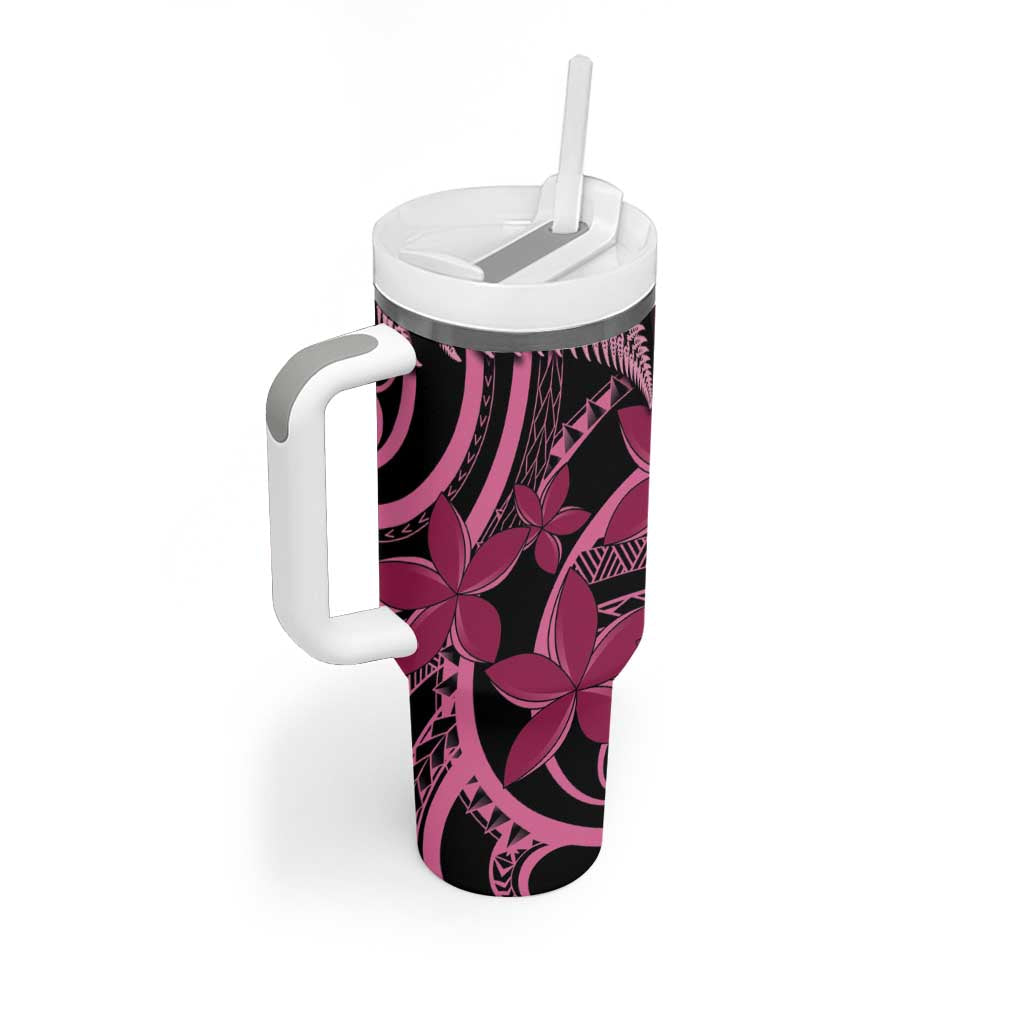 Aotearoa Maori Tumbler With Handle Pink Fern Ribbons on Black - Polynesian Pride